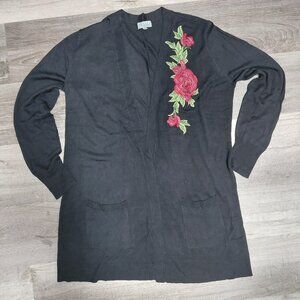 Joseph A|Back Long Sleeve Open Front Cardigan, Embroidered Red Rose with Pockets